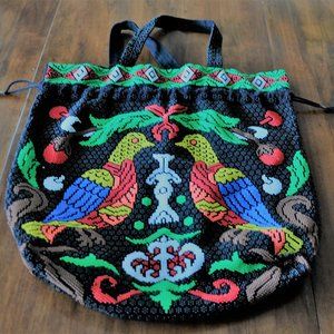 Vtg 70s Hand Beaded, front & back. Large Purse Travel Tote Bright colored Birds